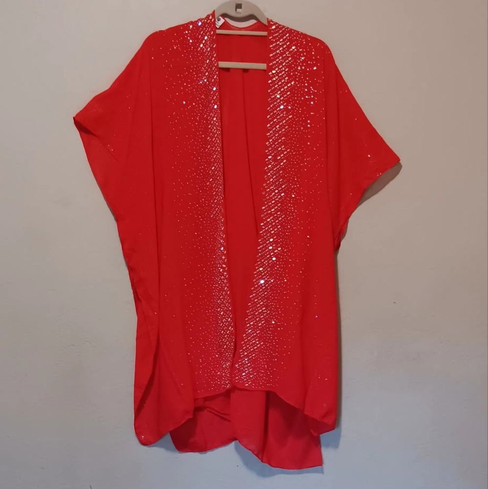 Jessica McClintock Red Kimono Women Open Front Oversized‎ Short Sleeve Valentine